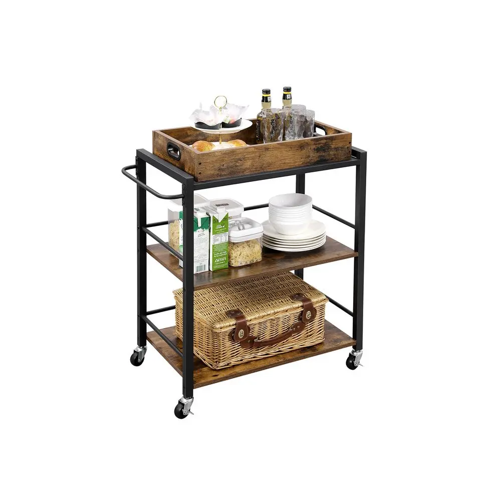 VASAGLE Kitchen Serving Cart with Removable Tray, 3-Tier Kitchen Utility Cart on Wheels with Storage, with Brakes, Leveling Feet