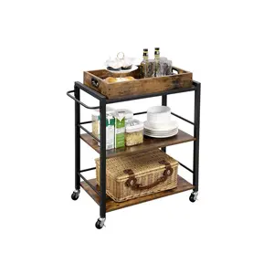VASAGLE Kitchen Serving Cart with Removable Tray, 3-Tier Kitchen Utility Cart on Wheels with Storage, with Brakes, Leveling Feet