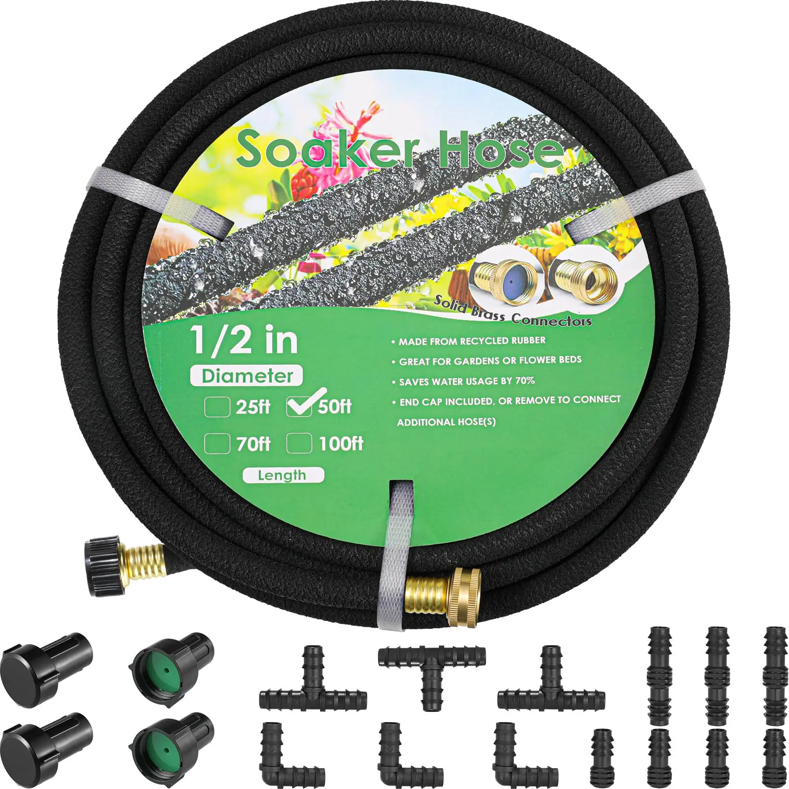 LIFERUN Soaker Hose Kit 50/100/150 ft, 1/2 in Heavy-Duty Rubber Drip Hose with Solid Brass Connectors, Water-Saving Garden Irrigation System for Lawn, Flower Beds, Trees, Vegetable Gardens, Landscaping and Yard Watering