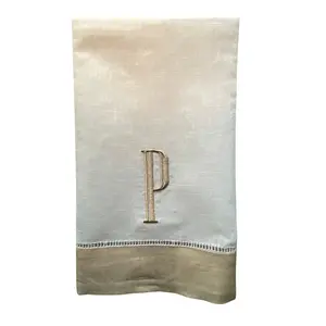 Single Initial Taupe Color Block Hemstitch Linen Towel