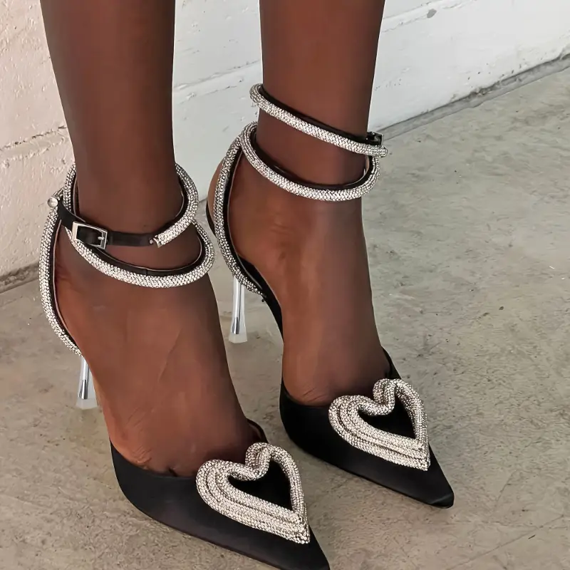 Elegant Women's Rhinestone High Heels - Pointed Toe Slingback Pumps with Clear Straps, Black Faux Cover, Summer Walking Shoes for Nail Comfort Knee