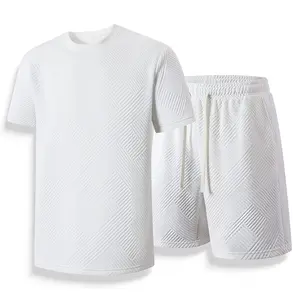 Men’s American Street Style Textured Set for Summer – Fashionable Loose Fit Jacquard T‑Shirt and Shorts with Drawstring Design, Trendy Versatile Casual Two‑Piece