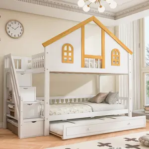 Twin over Twin House Bunk Bed with Stairs and Trundle, Wooden Bunk Bed with Window Door and Roof,White+Natural