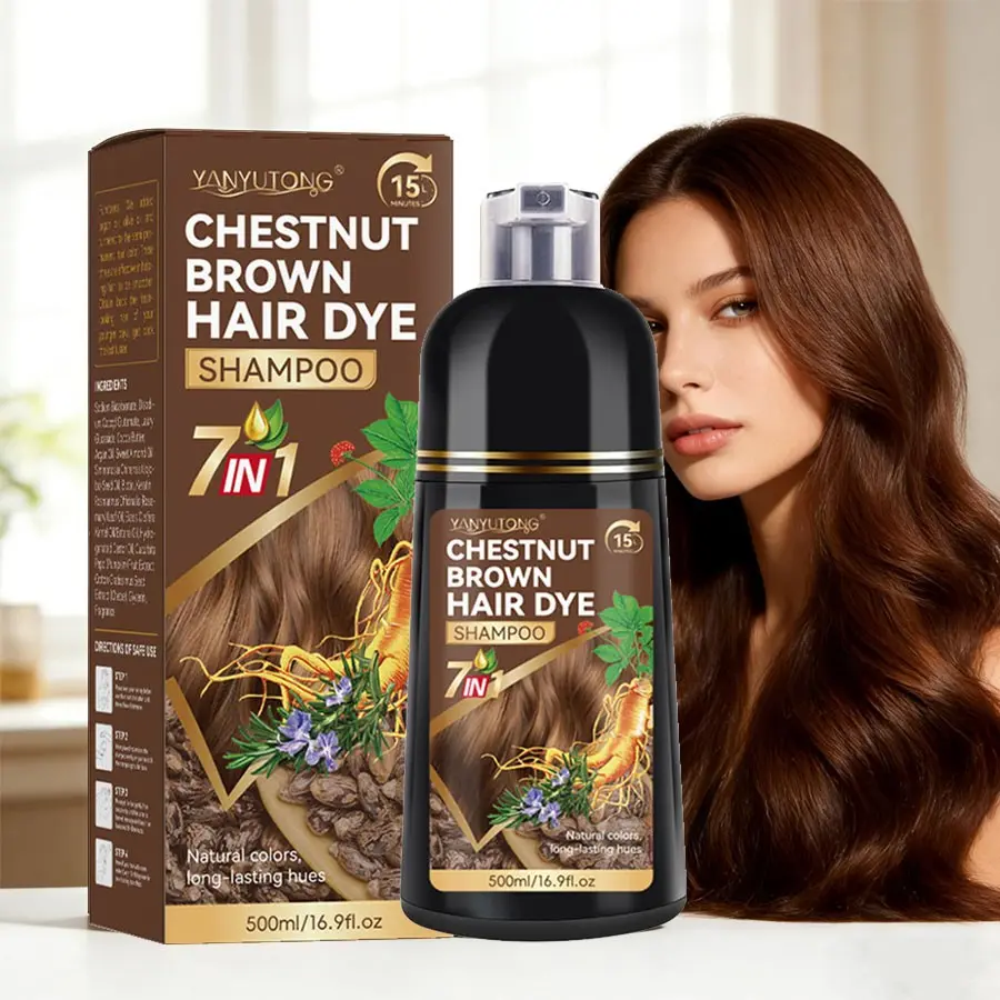 500ml Large-Capacity Chestnut Brown Herbal Hair Dye Shampoo, Hair Dyeing, Semi Permanent Hair Dye, 7 herbal extracts, mild low-irritation, 3-in-1 (dye/cleanse/condition), 15-min coloring, Cover grey hair, family-sized for home use, natural healthy hair