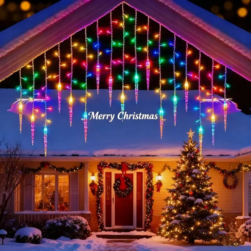 Solar powered LED waterfall light string, 96LED suspended holiday Christmas waterfall curtain light decoration, new eaves and exterior wall decoration lighting, solar powered winter ice and snow decoration, suitable for indoor and outdoor use