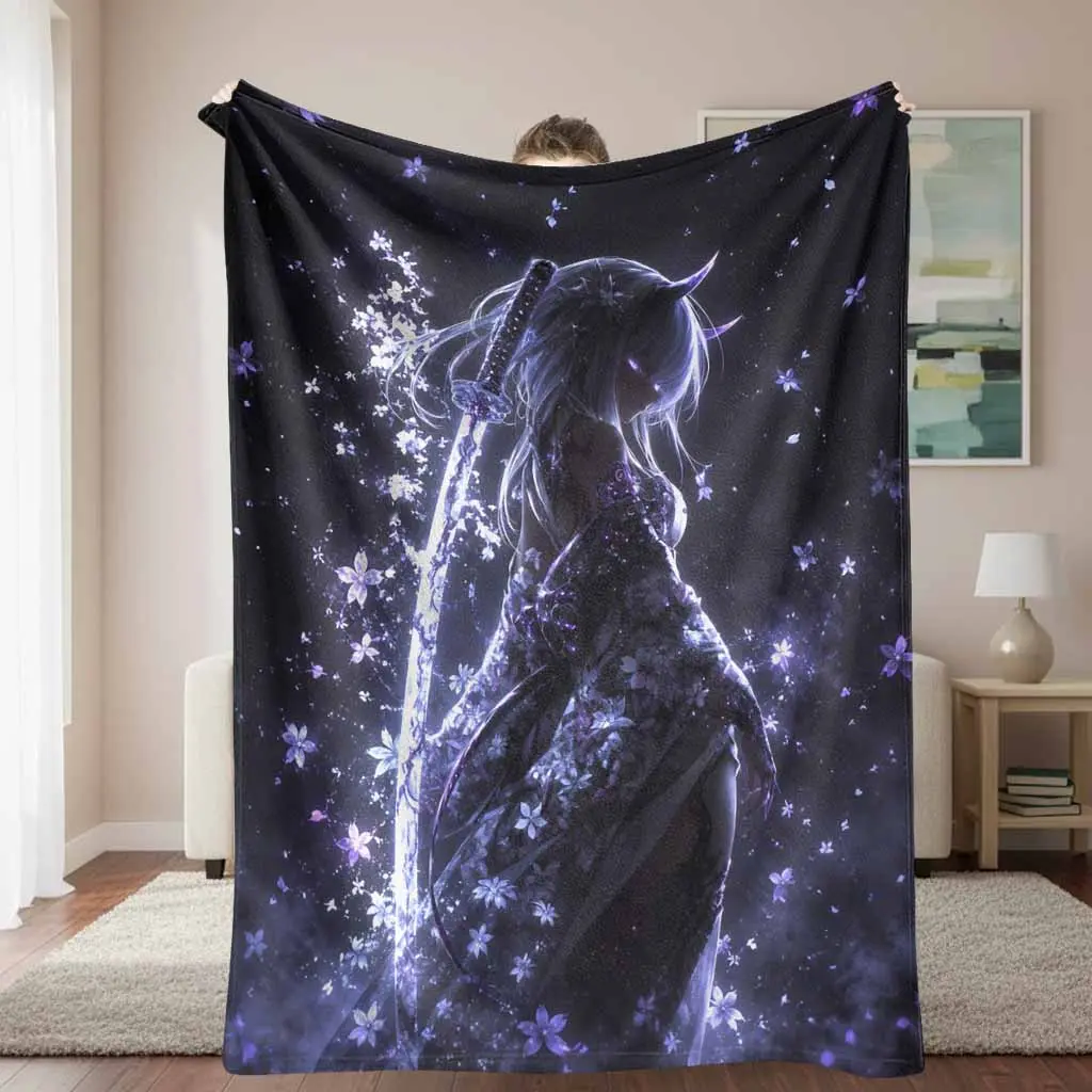 Anime Samurai Girl Flannel Throw Blanket - Anime Theme, Flannel Fabric, Purple Cherry Blossom Pattern, Multi-Size, Plush Texture, Ultra-Soft, Lightweight, Warm, Durable, Breathable, Ideal for Bed & Living Room, Cozy Home Decor, Birthday Gift