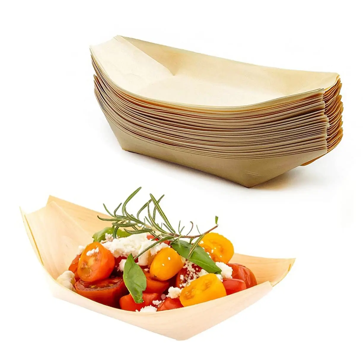 100 Pack Disposable Wood Serving Boats – 7" Eco-Friendly Wooden Plates for Appetizers, Sushi, Buffet & Party Food, Biodegradable & Compostable Serving Trays