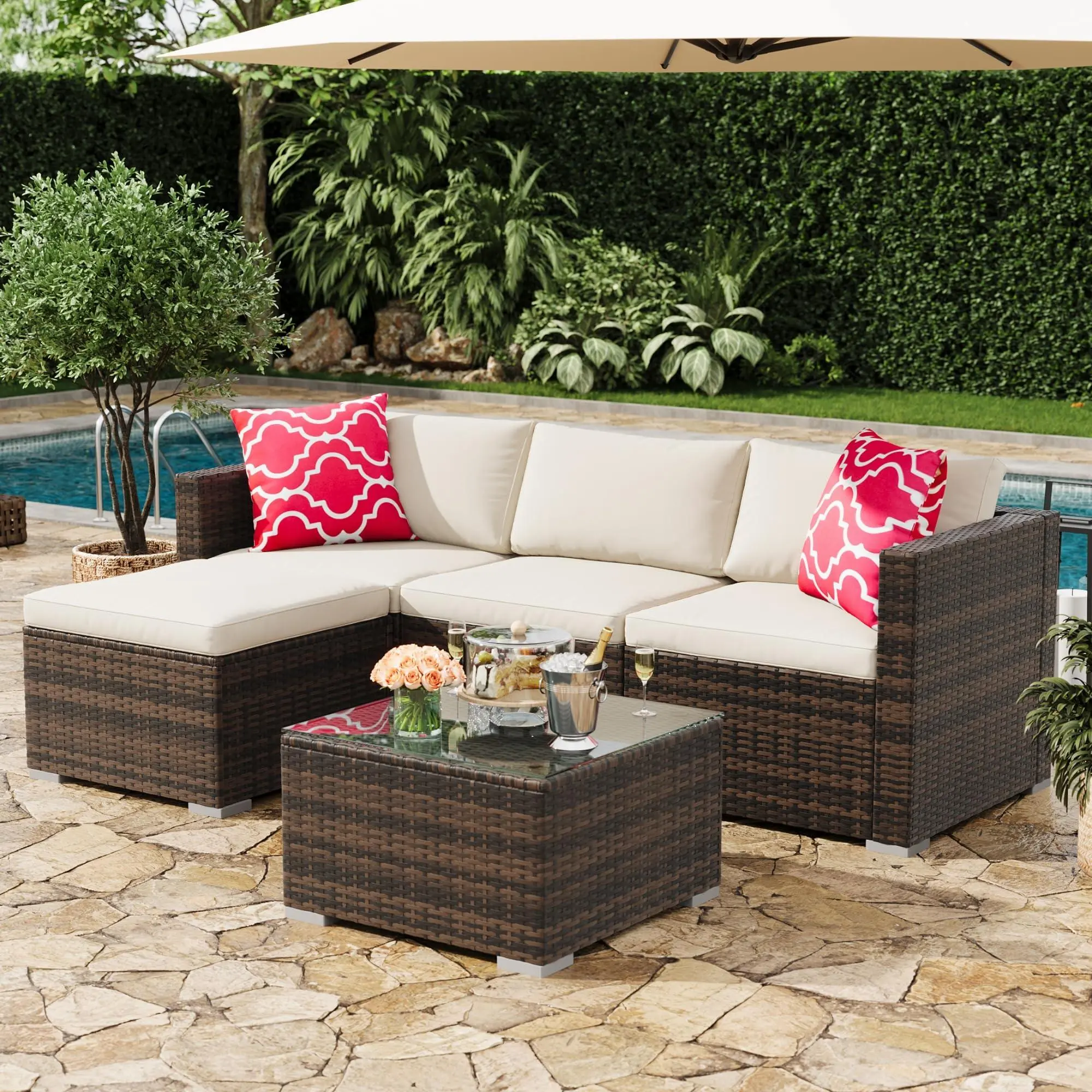 Gaomon 5-Piece All-Weather PE Rattan Outdoor Sectional Sofa Set - Waterproof Durable Outdoor Furniture Sets with Heavy Frame, Armless Seats, Tool-Free Assembly, Ottoman, Tempered Glass Table, Convertible Cushions, Cushion Covers for Backyard Patio, Conver