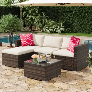 Gaomon 5-Piece Outdoor Sectional Sofa Set, All-Weather PE Rattan Patio Furniture with Heavy Frame, Multiple Seats, Tool-Free Assembly, Ottoman & Tempered Glass Table, Convertible Garden Couch for Backyard, Porch