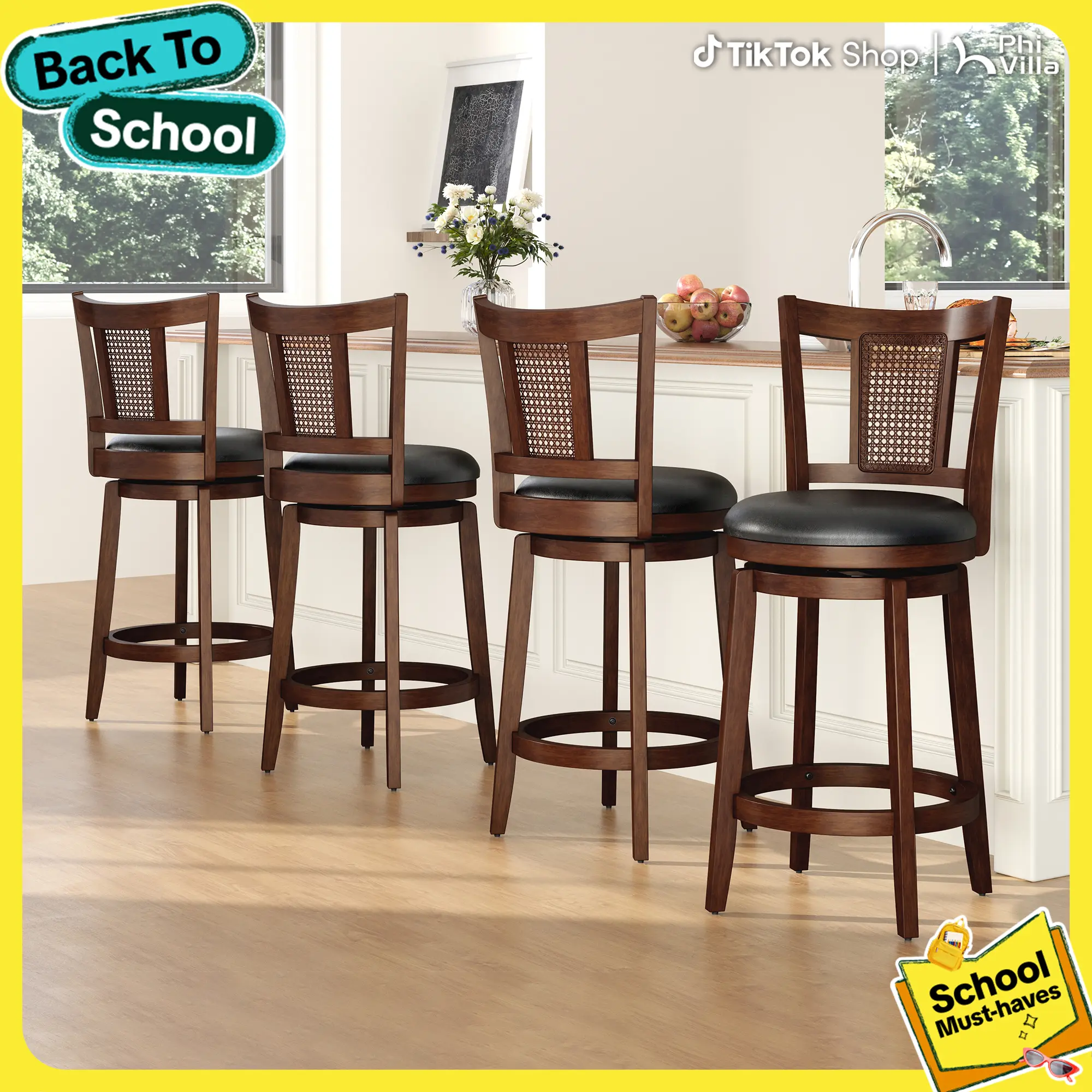 【360° Swivel 】PHI VILLA 26/30 inch Bar Height Stools Set of 2/3/4,Swivel Wooden Barstools Tall Upholstered Faux Leather Barstool with Back,Vintage Bar Height Chairs,Dark Brown Kitchen Stools, Home Decor, TikTokShopBackToSchool
