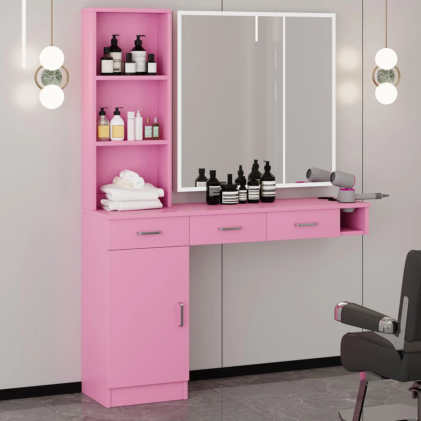 [SummerSale] HOMBCK Salon Stations for Hair Stylist, Wall Mount Barber Station with Barber Cabinet, Hair Station Equipment Hair Dryer Holder, Drawers, Storage Cabinet for Hair Styling, Mirror not Included#home essentials#back to school