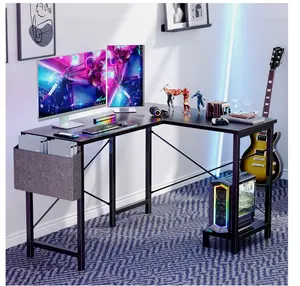 L Shaped Gaming Desk with Wooden Desktop CPU Stand Side Bag Reversible for Home Office Small Space, Grey