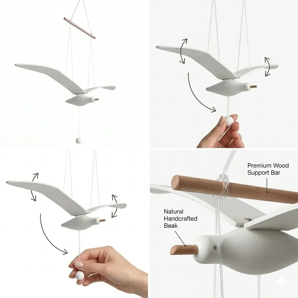 Handcrafted Wooden Seagull Hangable Decoration - Single 25.6" Large Soaring Bird Mobile, Modern Coastal Home Wall Hanging Decor for Baby Nursery, Ocean Theme Gift Idea