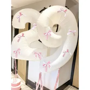 12PC 0-9 Number Balloons Set, 32 Inch White Number Foil Balloons With Pink Bow Decor, Suitable For Birthday Party, Wedding, Engagement, Anniversary Celebration