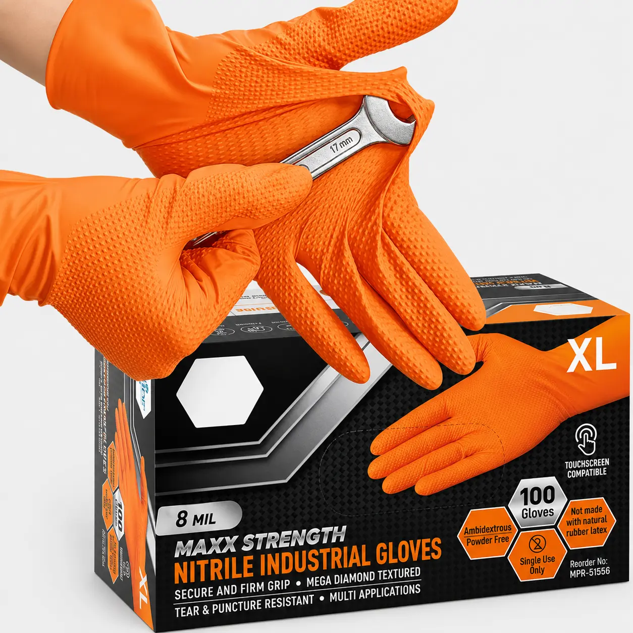 Heavy Duty Orange Nitrile Gloves 8Mil Industrial Disposable Gloves with Diamond Textured Grip for Mechanic Safety & Work Gloves