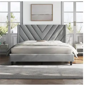 Queen Size Upholstered Platform Bed Frame with Tufted Headboard, Light Gray, Adult