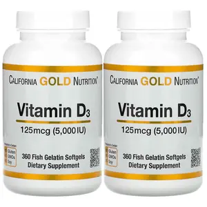 California Gold Nutrition Vitamin D3, 125 mcg (5,000 IU), 360 Fish Gelatin Softgels, 2 Pack