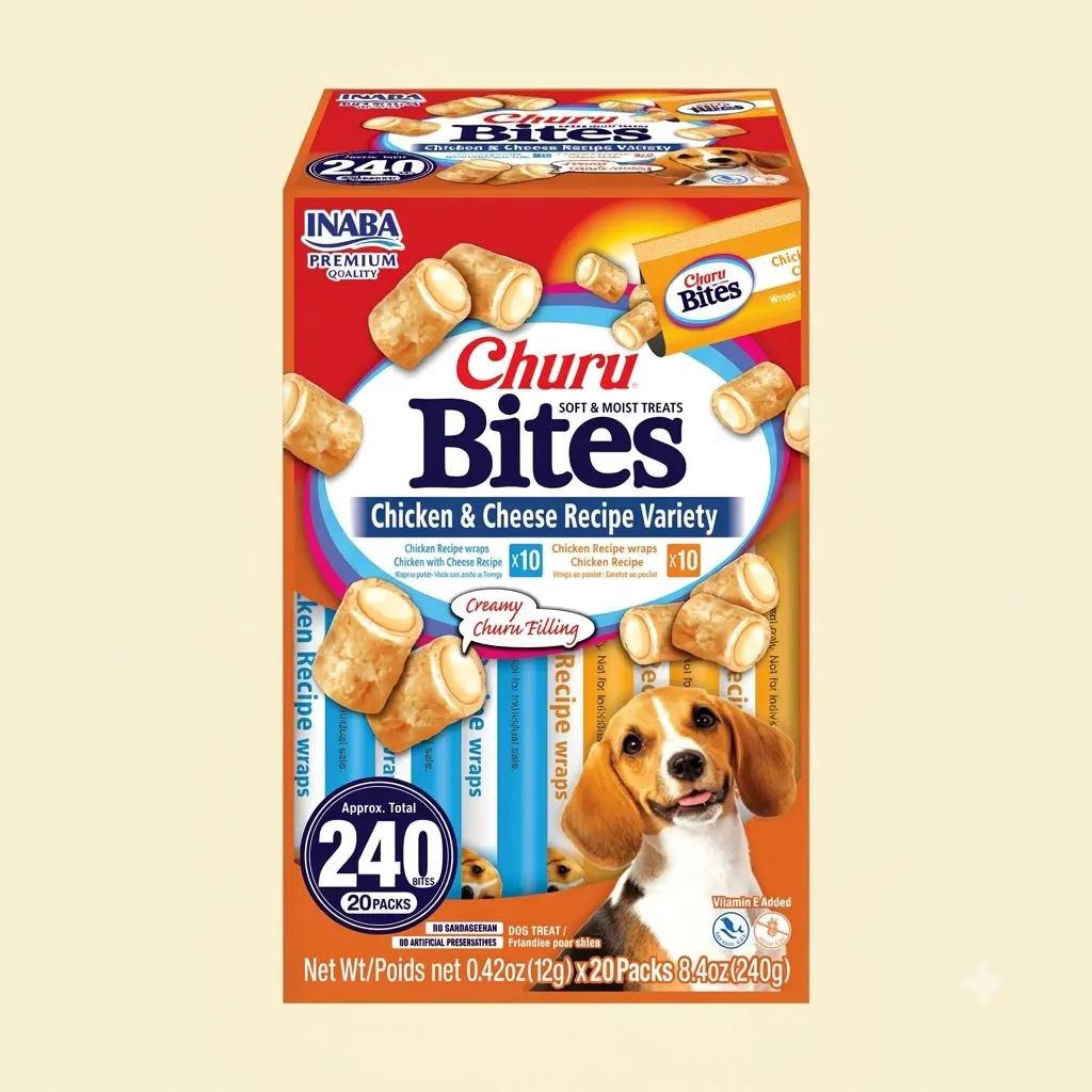 INABA Churu Bites For Dogs Soft Chewy Dog Treats 0.42 oz 20 Tubes Chicken Cheese Variety Box Creamy Center Training