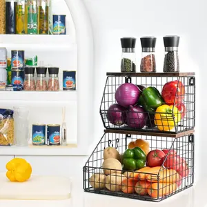 KCALEFV 2 Set Gifts for Mom - Wall Mounted Wire Baskets, Stackable Wire Baskets with Wooden Tabletop, Fruit and Vegetable Storage, Counter&wall Mounted Onion and Potato Storage, Stackable Storage Basket, Hanging Metal Kitchen Countertop Organizer Pantry