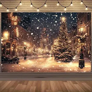 1pc 2D Flat Festive Christmas Snowy Street Backdrop with Vintage Lamp Posts & Snow-Covered Trees - Polyester, No Electricity Needed - Ideal for Birthday Parties, Outdoor Celebrations & Holiday D