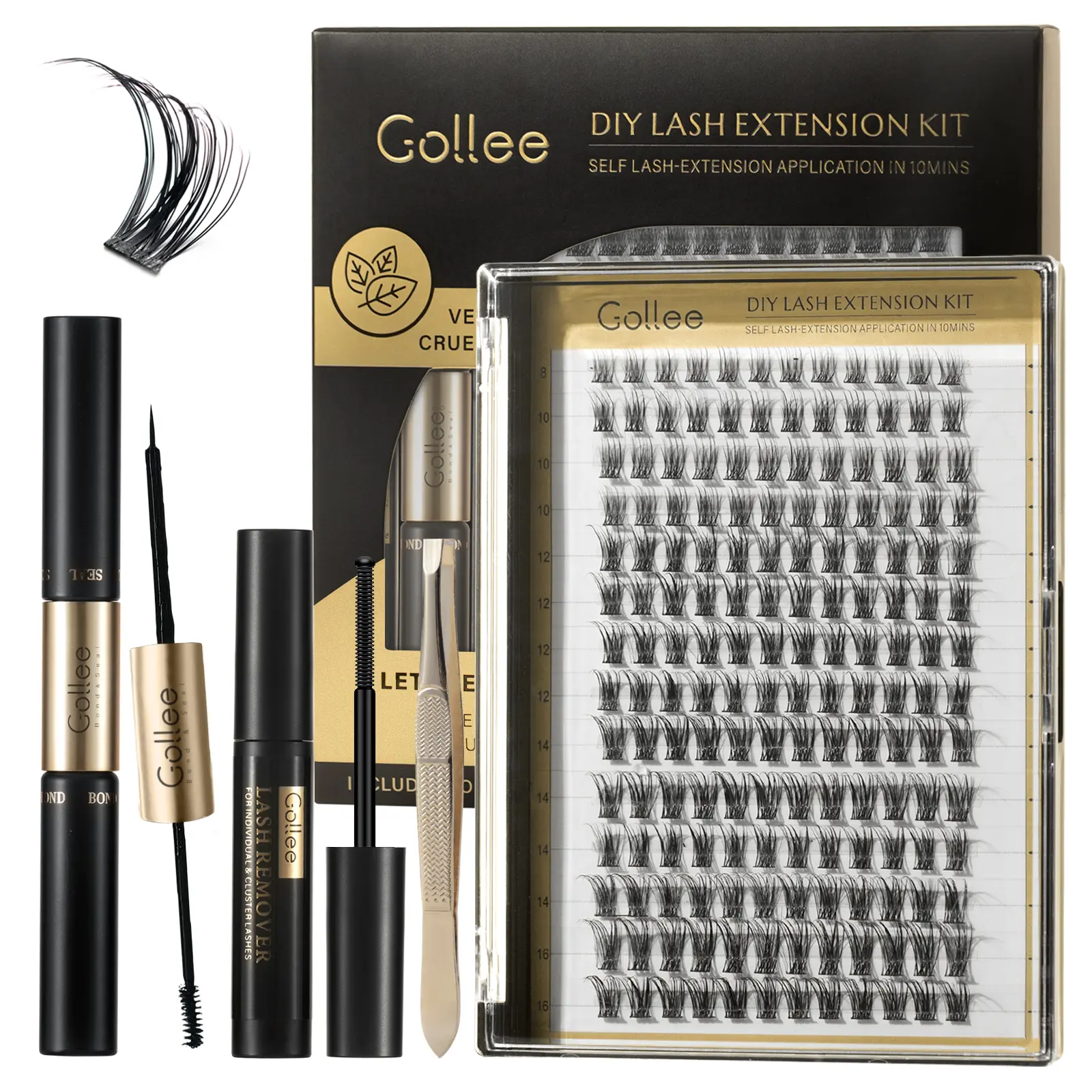 Lash Cluster Kit D Curl Natural Individual Lashes Wispy 8-16mm Lashes Extension Kit with Lash Glue, Lash Applicator Makeup Cosmetic Waterproof Eyelash, Eyelash Remover