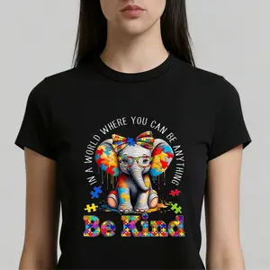 Elephant With Puzzle Pieces And Be Kind Print T Shirt Crew Neck Casual Wear For Women And Girls