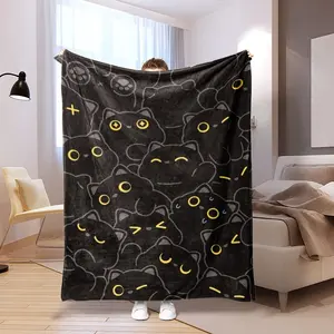 Cute Black Cat Blanket Five Panel Grid Pattern Flannel Fleece Throw Kawaii Gothic Witchy Pet Animal Lover Room Decor Stain Resistant Washable Bed Sofa Couch