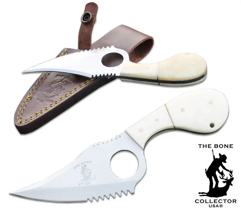 BC 793-BN 7"Bone Collector White Bone Handle Skinning Knife with Leather Sheath