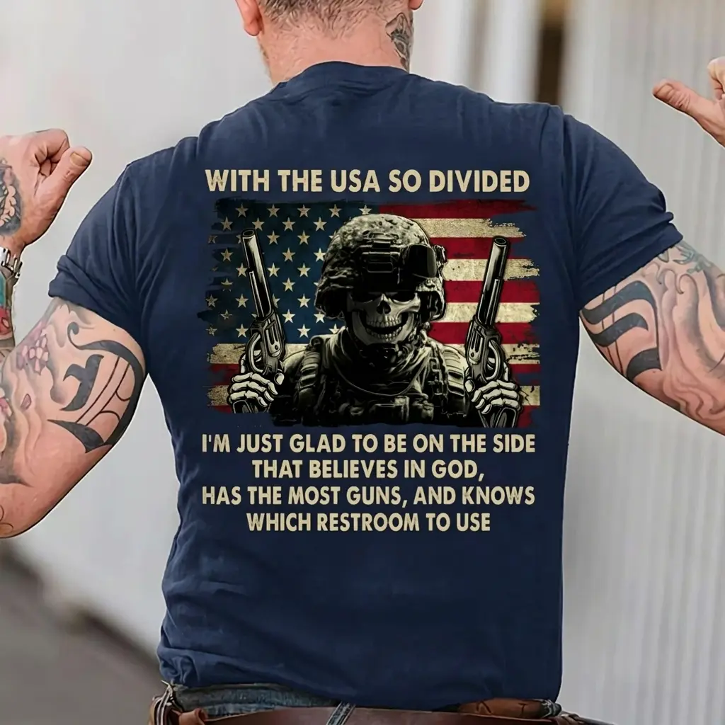 Patriotic USA Divided T-Shirt, American Flag Veteran Graphic Tee, Political Freedom Shirt for Men