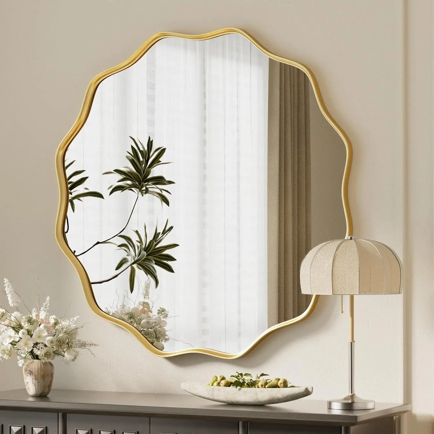 VooBang Gold Scalloped Circle Mirror, 30" Wavy Edge Round Wall Mirror with Tempered Glass Textured Circular Metal Deep Frame, Hanging Leaning for Bathroom, Hallway, Entryway, Livng Room