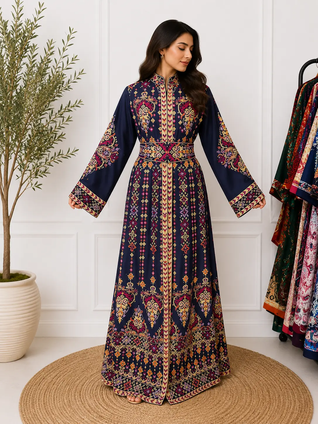 Women's 3-Piece Chiffon Kaftan Set, Elegant Modest Islamic Dress with Long Sleeves, Embroidery, and Stone Accents, All Seasons, Dry Clean