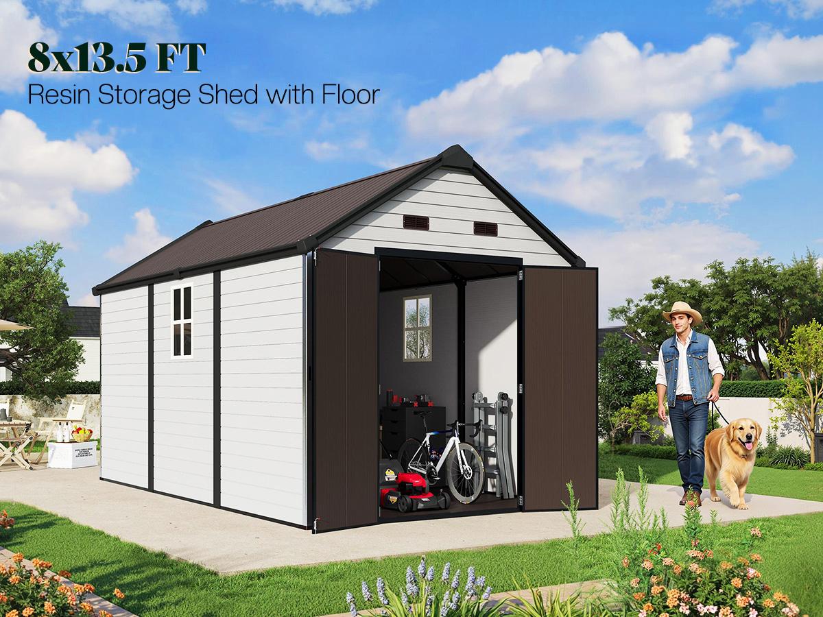 [Ships in 4 Boxes] AMERLIFE 8x13.5 FT Resin Storage Shed with Floor, Lockable Outdoor Storage Shed with Windows, Vents, All-Weather Use Plastic Structure for Garden, Backyard, Patio, Lawn – White & Brown
