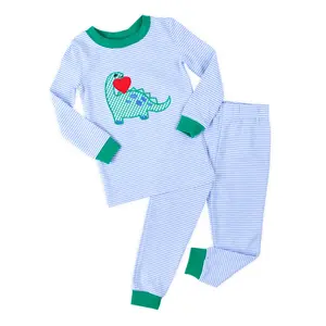 Valentine Dinosaur Blue Stripe Pajamas - Boys Soft and Cozy Heart PJ Set