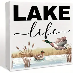 Farmhouse Lake Wooden Box Sign, Rustic Farmhouse Design, Lake Life, Summer Lake Decor for Home Bedroom Bathroom, Inspirational Lake House Ocean Nautical Decoration, Lake House Gifts for Women Men New House Dad 5x5 inch