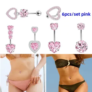 6pcs 14G, 10mm barbell length Pink Heart, Surgical Steel,Pink Belly Button Piercing Cutefor Women Navel Ring