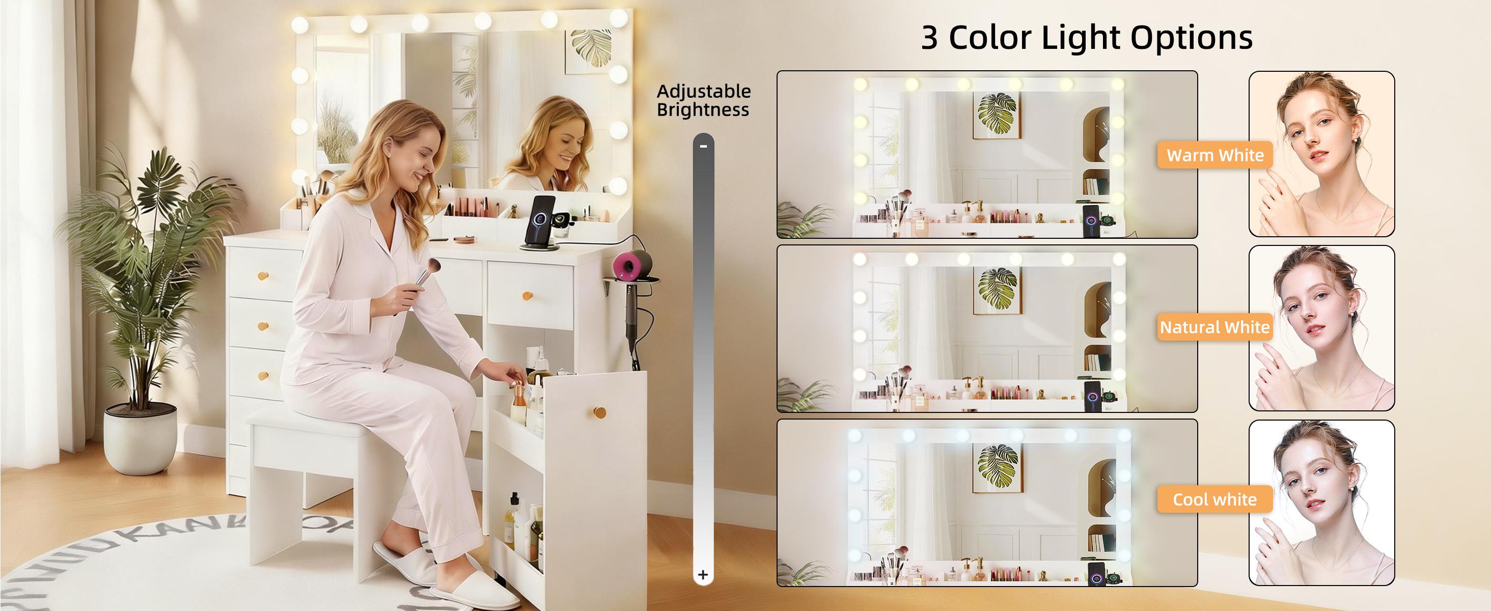 LAKEMID Large Mirror Vanity with LED Lighting, featuring 12 Hollywood-style bulbs and three-color adjustable lighting (comes with a set of colored string lights). 7-drawer vanity with pull-out storage, bedroom vanity, white
