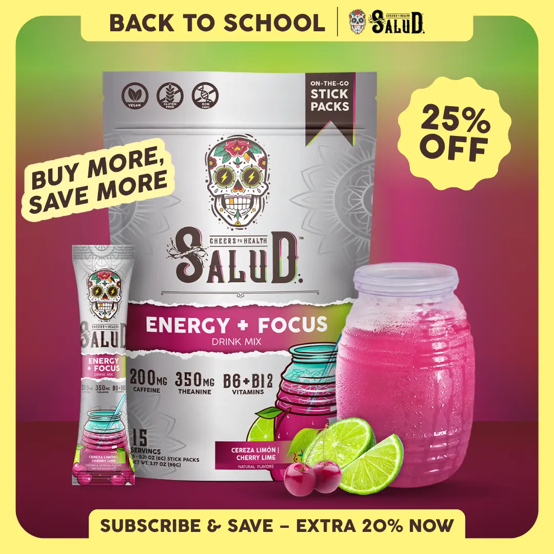 Salud 2-in-1 [Energy + Focus - Cherry Lime] Clean Energy Drink Mix, Agua Fresca, Organic Caffeine, B6 & B12, L-Theanine, Drink Packets, Non-GMO, Gluten Free, Vegan, Low Calorie, 1g Sugar (15 Servings)