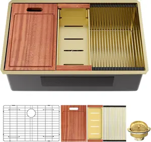 32 Gold Undermount Workstation Kitchen Sink-32 x 19 Inch 16 Gauge Stainless Steel Undermount Kitchen Sink Handmade R10 Radius 10 Inch Deep Undermount Single Bowl Sink with Custom Accessories