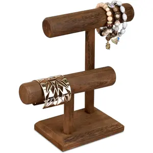 2 Tier Wooden  Bracelet Watch Display Tower, Bangle Scrunchie Necklace Holder Stor Stand, 7.9 W x 4.3 D x 9.4 H in, Brown Color