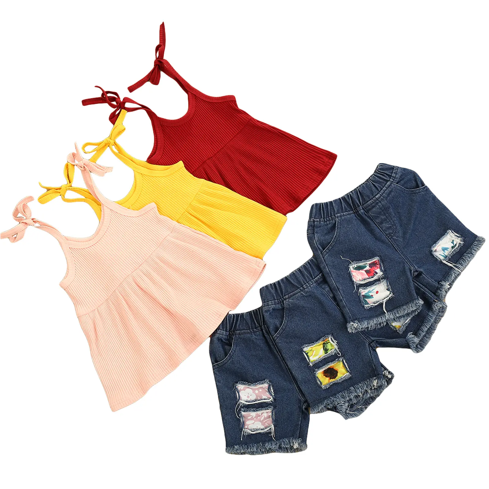 Imcute Kid Camisole Top + Ripped Jeans with Raw Edges, Bow Decoration Elastic Waist Summer Clothing