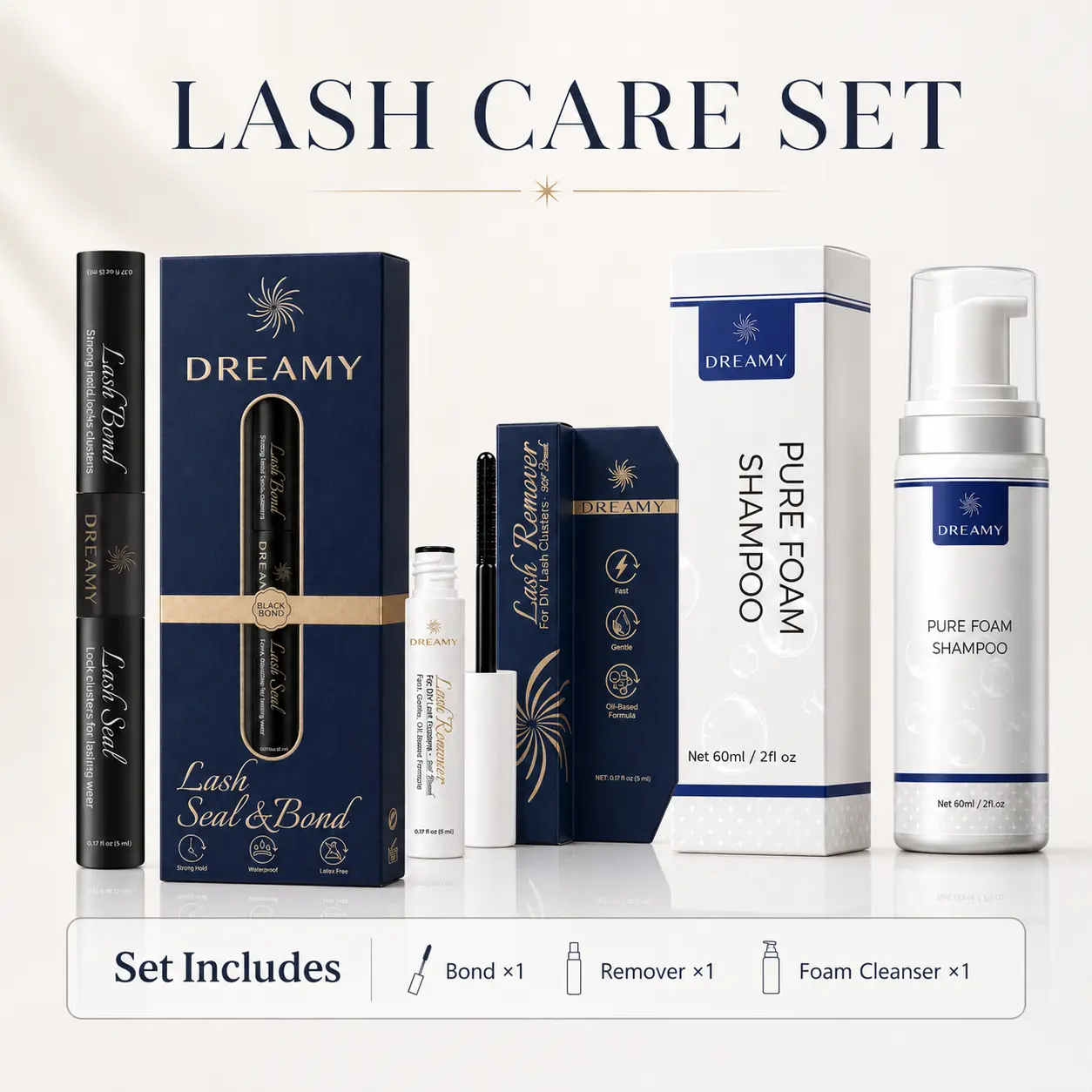 DREAMYBOND 3-Piece Lash Care Set, Black Lash Bond, Adhesive Remover & Foam Cleanser, DIY Lash Cluster Care Kit, Lash Extension Bond and Seal, Cluster Lash Remover, Lash Foam Cleanser, Eyelash Shampoo, DIY Lash Extension Supplies