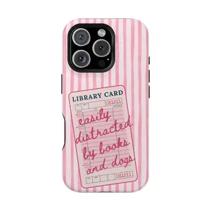 Funny Book Phone Case Bookish Aesthetic iPhone 16 Gift for Book & Dog Lovers BookTok Fans Vintage Library Card Graphic