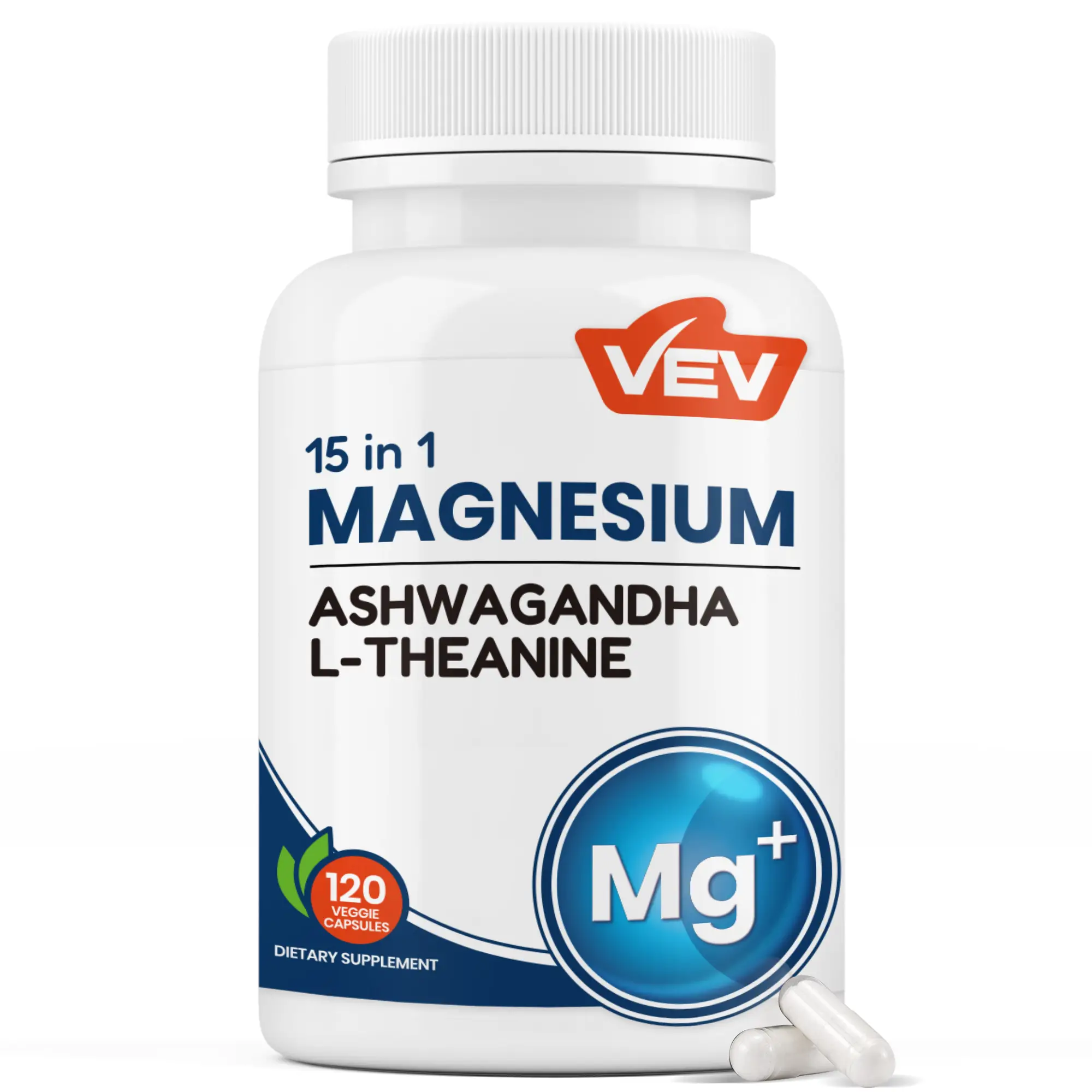 VEV Natural Edible Magnesium Supplement, 15-in-1 with Magnesium Glycinate, Ashwagandha, L-Theanine, Healthcare Dietary (120 Capsules) Vitamin Fitness