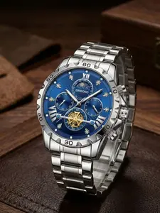 A men's silver strap watch with a blue dial, Roman numerals, mechanical skeleton multi-dial design, trendy business casual versatile quartz watch