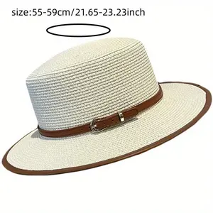 Stylish Straw Sun Hat – Natural Straw Women’s British-Inspired Flat-Top Sun Hat with a Wide Brim, UV Protection, and a Decorative Brown Belt for Summer Beach Outings