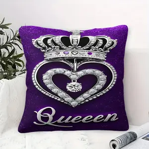 Luxurious Silver-Toned Throw Pillow with Crown and Heart Motif, Elegant Queen Design with Encrusted Diamonds, Perfect for Regal Home Decor, 45cm Square Cushion, Soft and Comfortable Addition to Your Sofa or Bedroom, Soft Padded Cushion