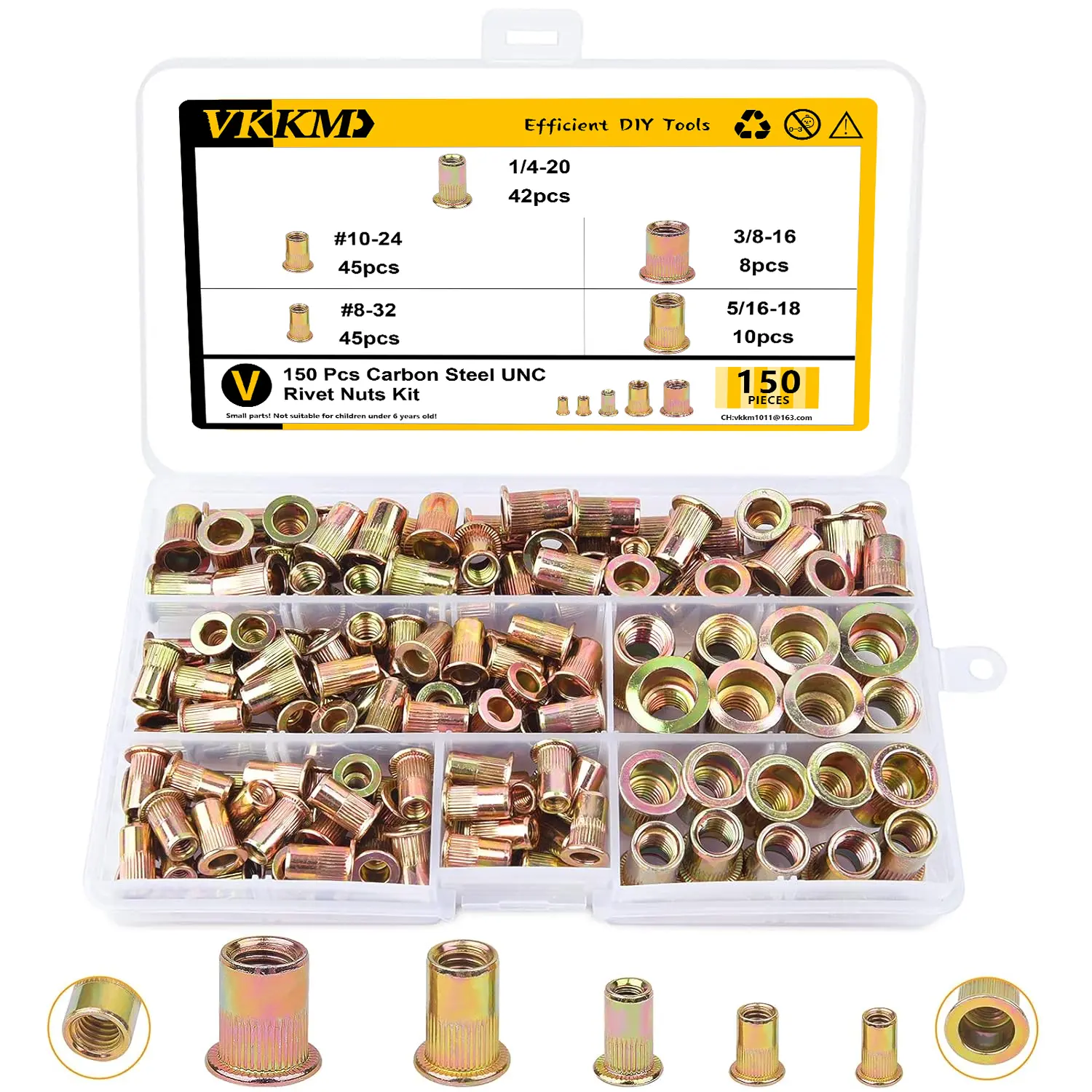 VKKM 150Pcs UNC Rivet Nuts Assortment Kit, Zinc Plated Carbon Steel Blind Rivet Nuts, #8-32, #10-24, 1/4-20, 5/16-18, 3/8-16 Threaded Insert Nuts for Sheet Metal, Aluminum Panels & DIY Fabrication