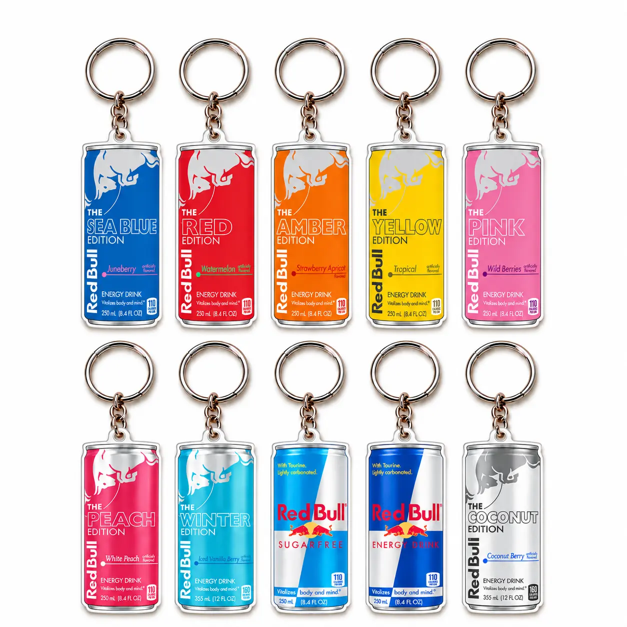 Acrylic Energy Drink Can Keychain Set – 2 Style Options, 5 Pieces per Set, 2.76 x 1.18 in Flat Charms with Metal Rings, Bag & Backpack Accessories, Gift for Collectors