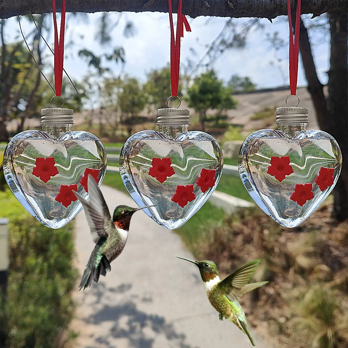 1pc - Pet Hummingbird Feeder & Waterer, Round Flower Shape/Heart-Shaped Flower Design, 1-Hole/3-Hole Option, Durable Plastic, Hanging Hummingbird Feeder, Humming Bird Feeders
