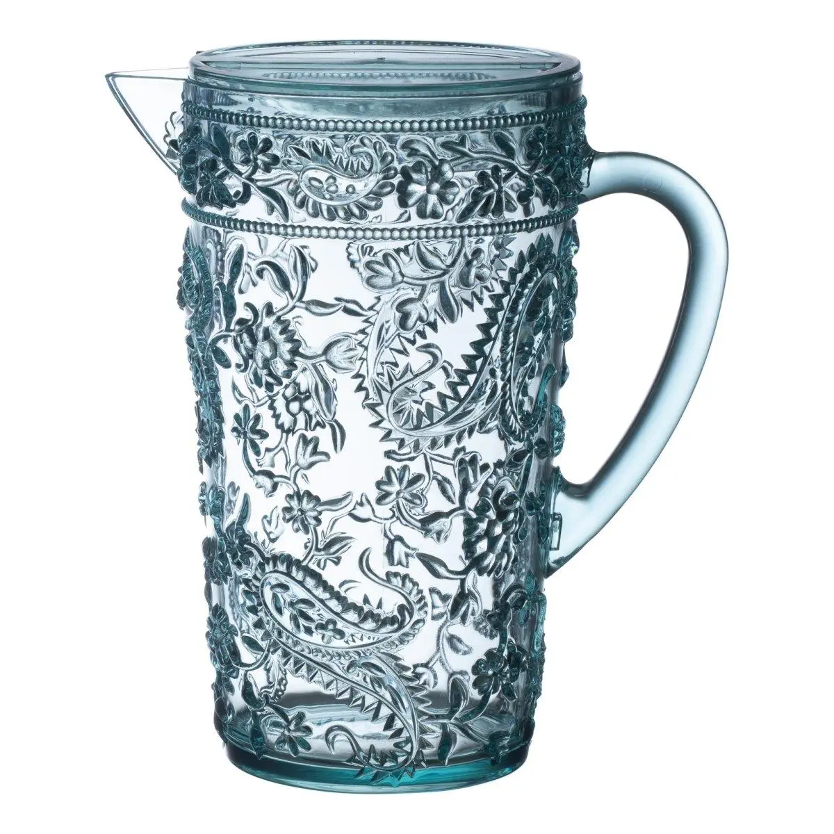 LEADINGWARE GROUP AC-1016TS Durable See-Thru Acrylic Paisley Plastic Pitcher Jug - 80 fl oz Turquoise Large Kitchen Drinkware for Theme Parties, Indoor/Outdoor Plastic Kettles & Jugs